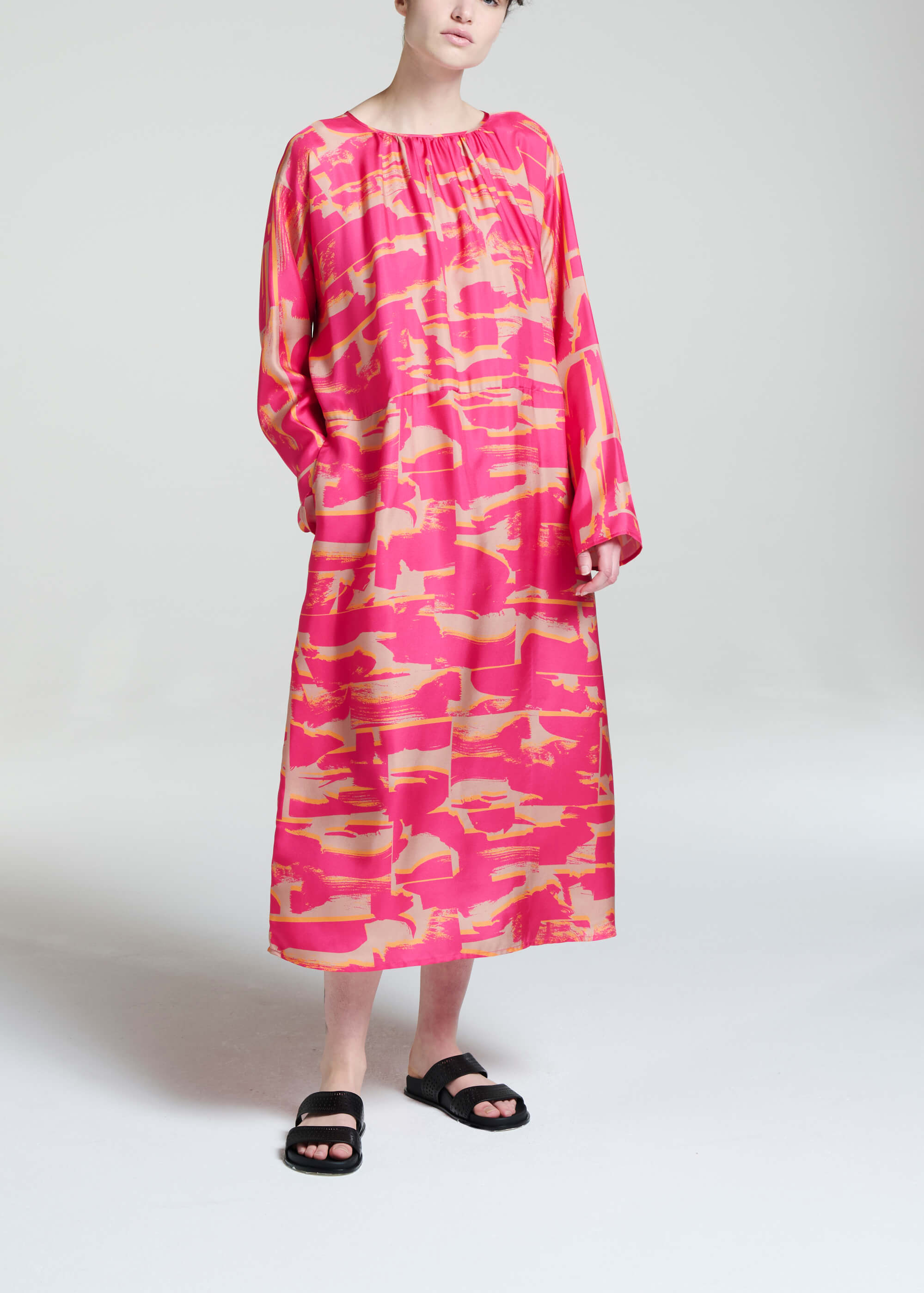 Crete Dress Brush Stroke Pink Silk Twill