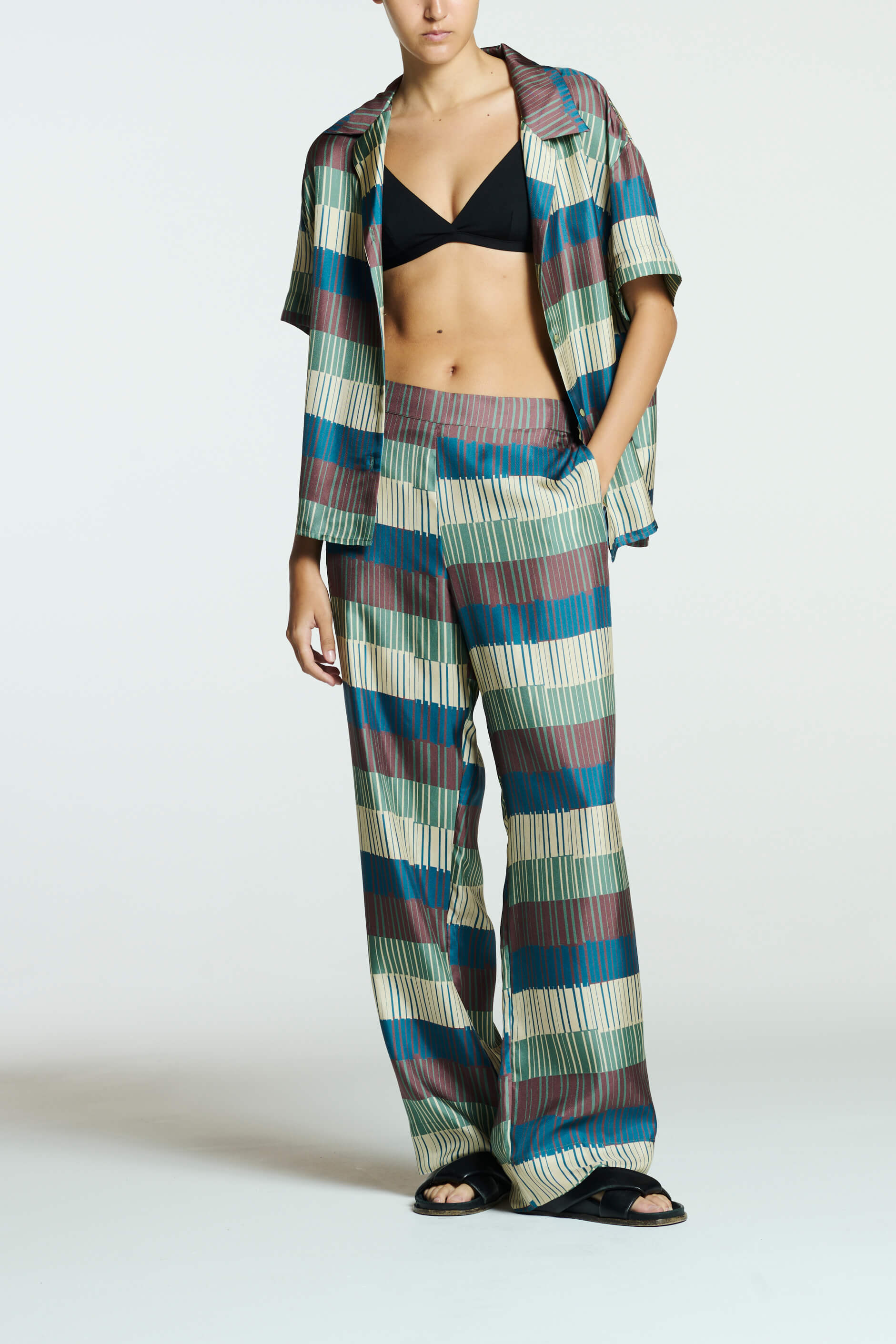 London Pyjama Bottom Multi Tile Stripe Silk Twill