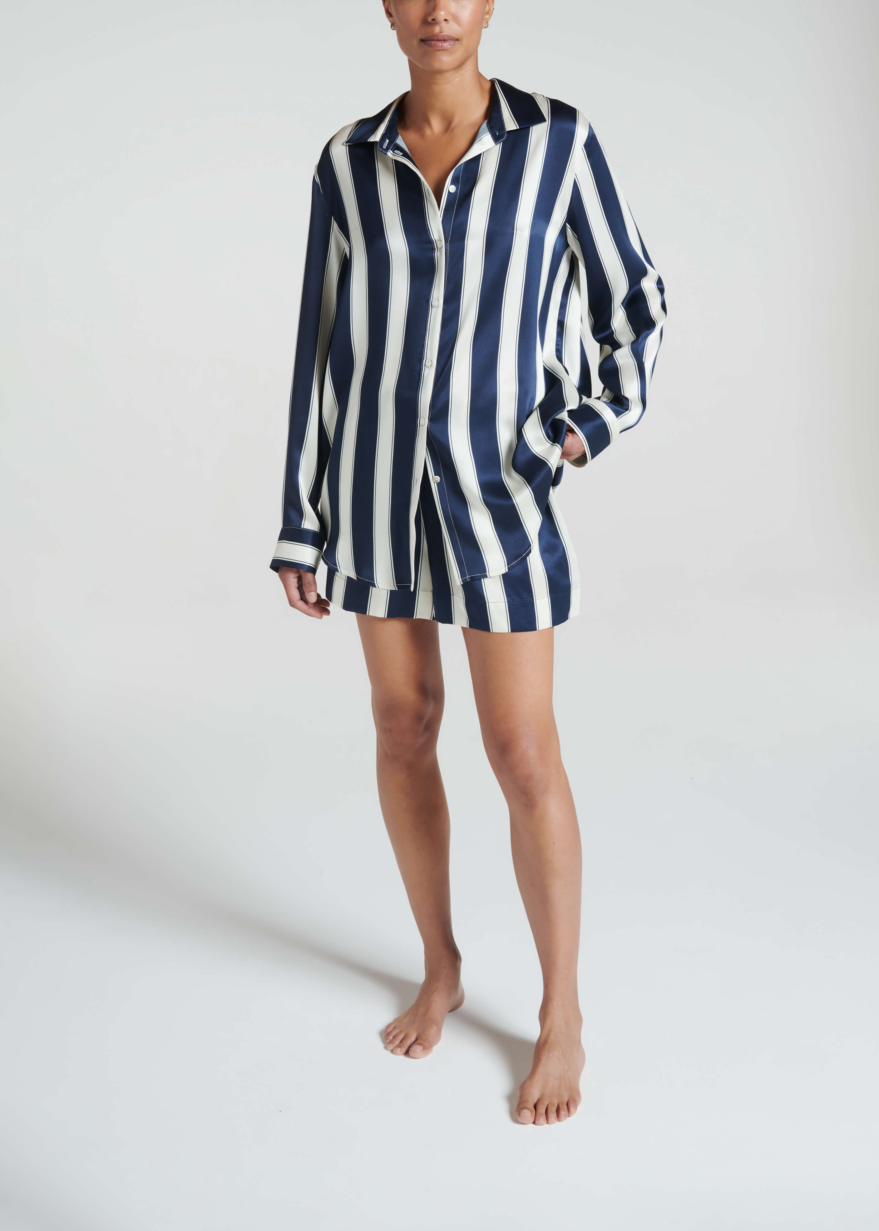 London Short Midnight Bold Stripe Silk Charmeuse