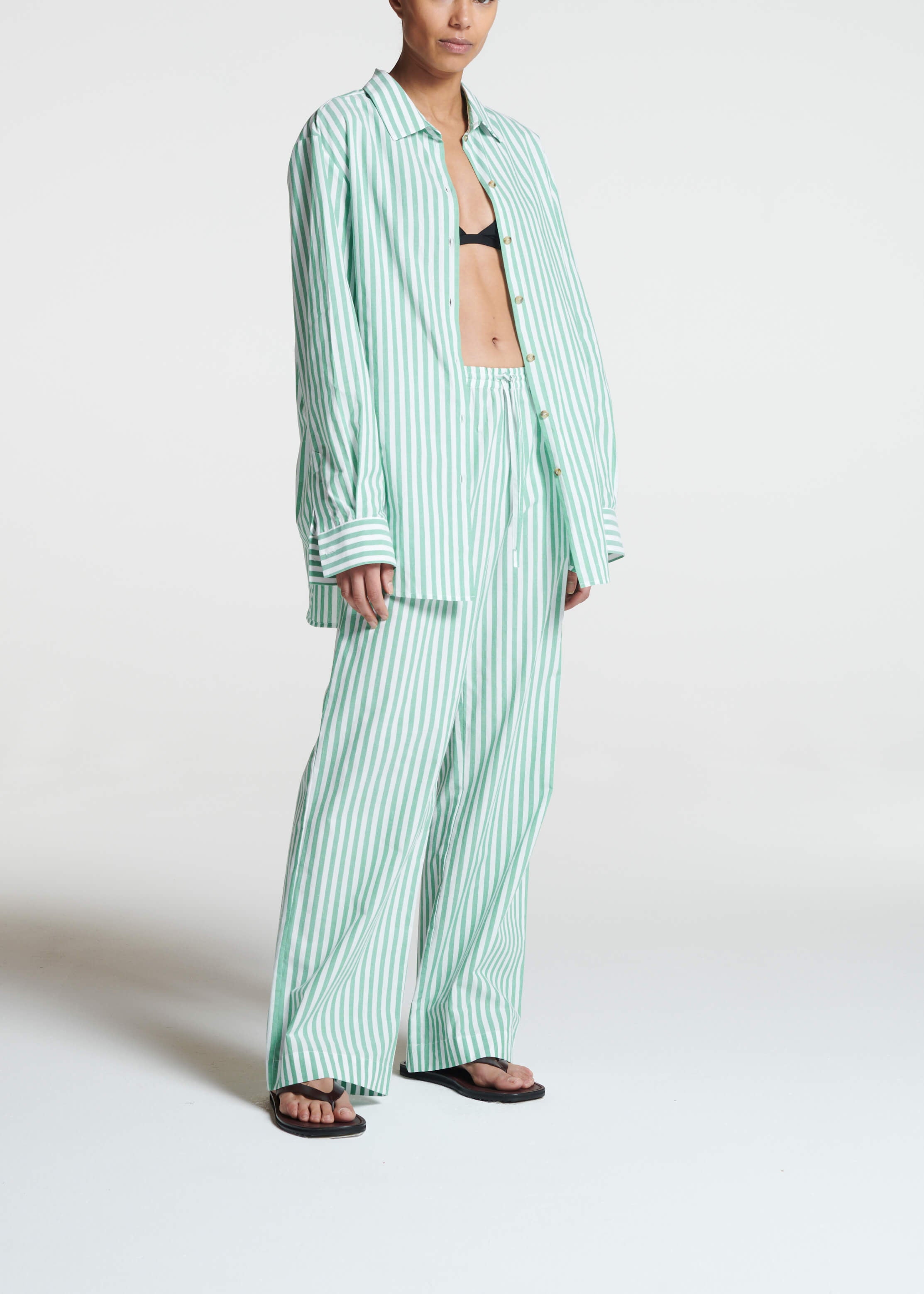 London Pyjama Top Green Stripe Cotton