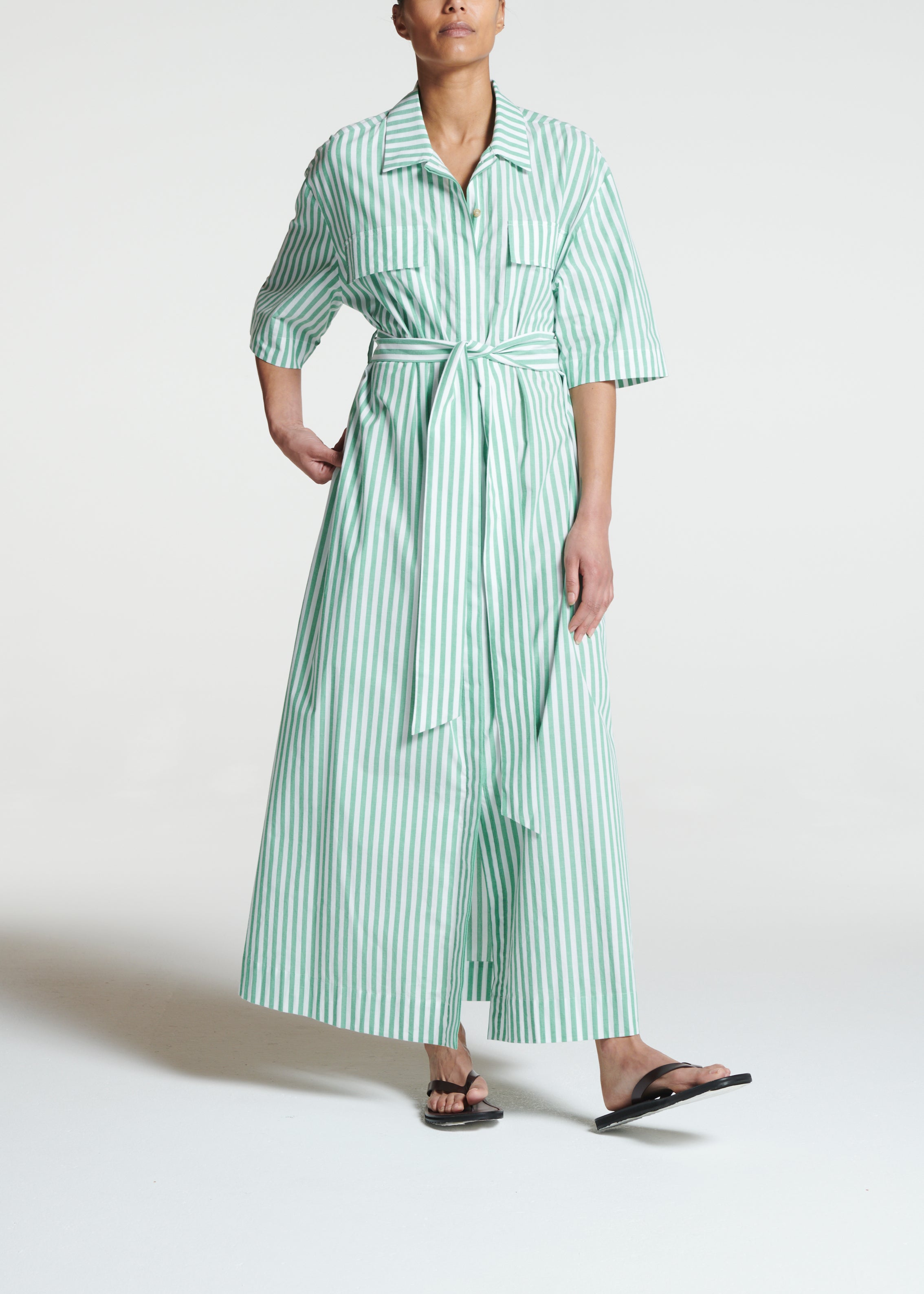 Amina Dress Green Stripe Cotton