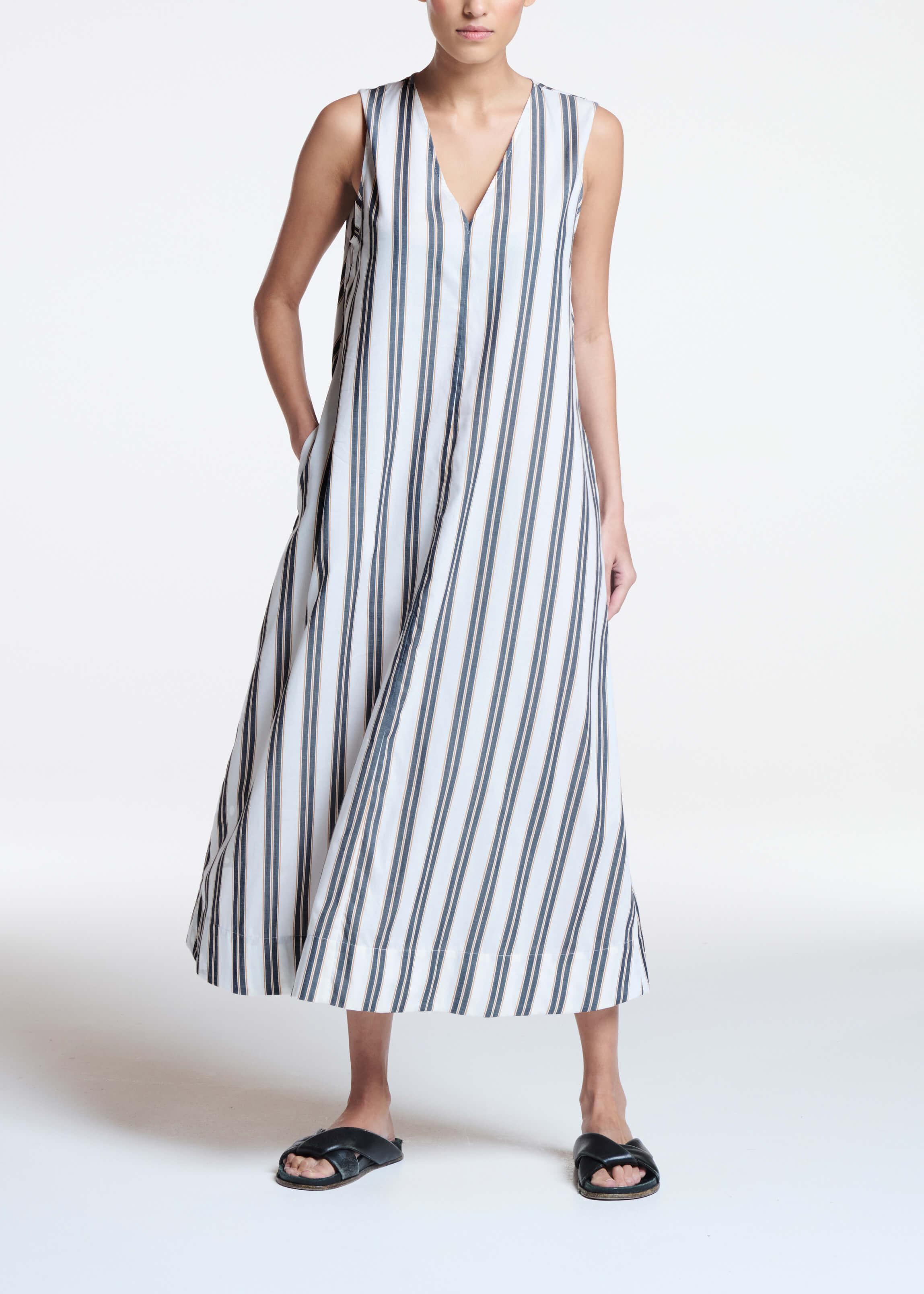 Nisha Dress Black Sand Stripe Cotton Viscose