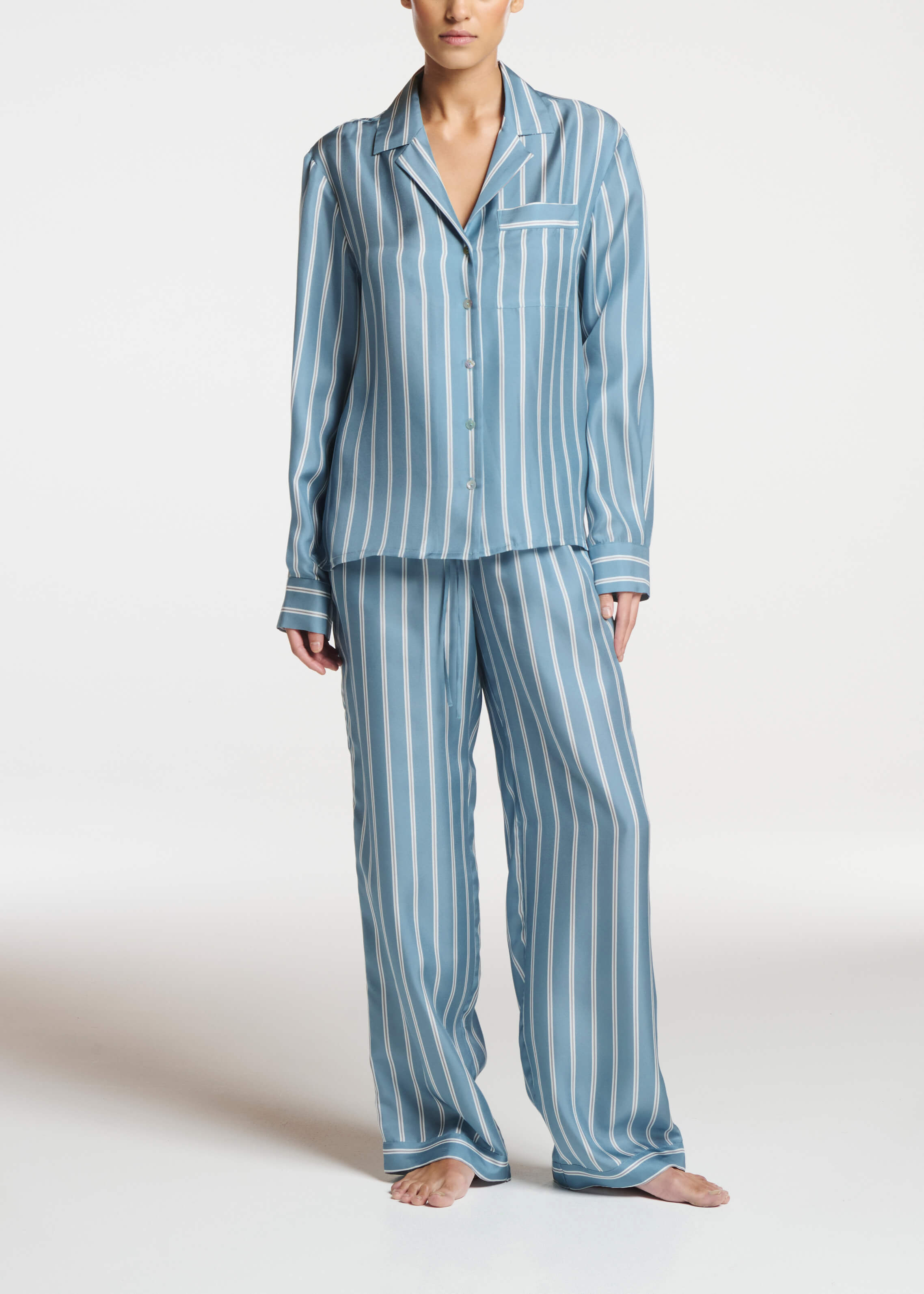 Aurelia Trouser Sky Stripe Blue White Bronze Silk Twill