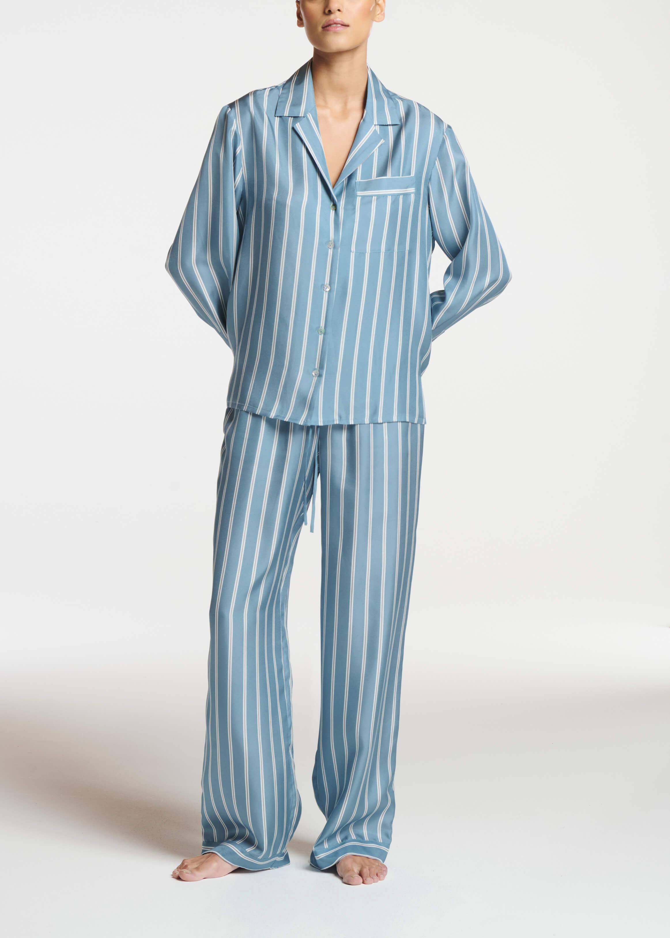 Aurelia Trouser Sky Stripe Blue White Bronze Silk Twill