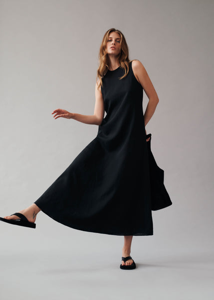 Tallin Black Linen Maxi Dress | Black Linen Long Maxi Dress