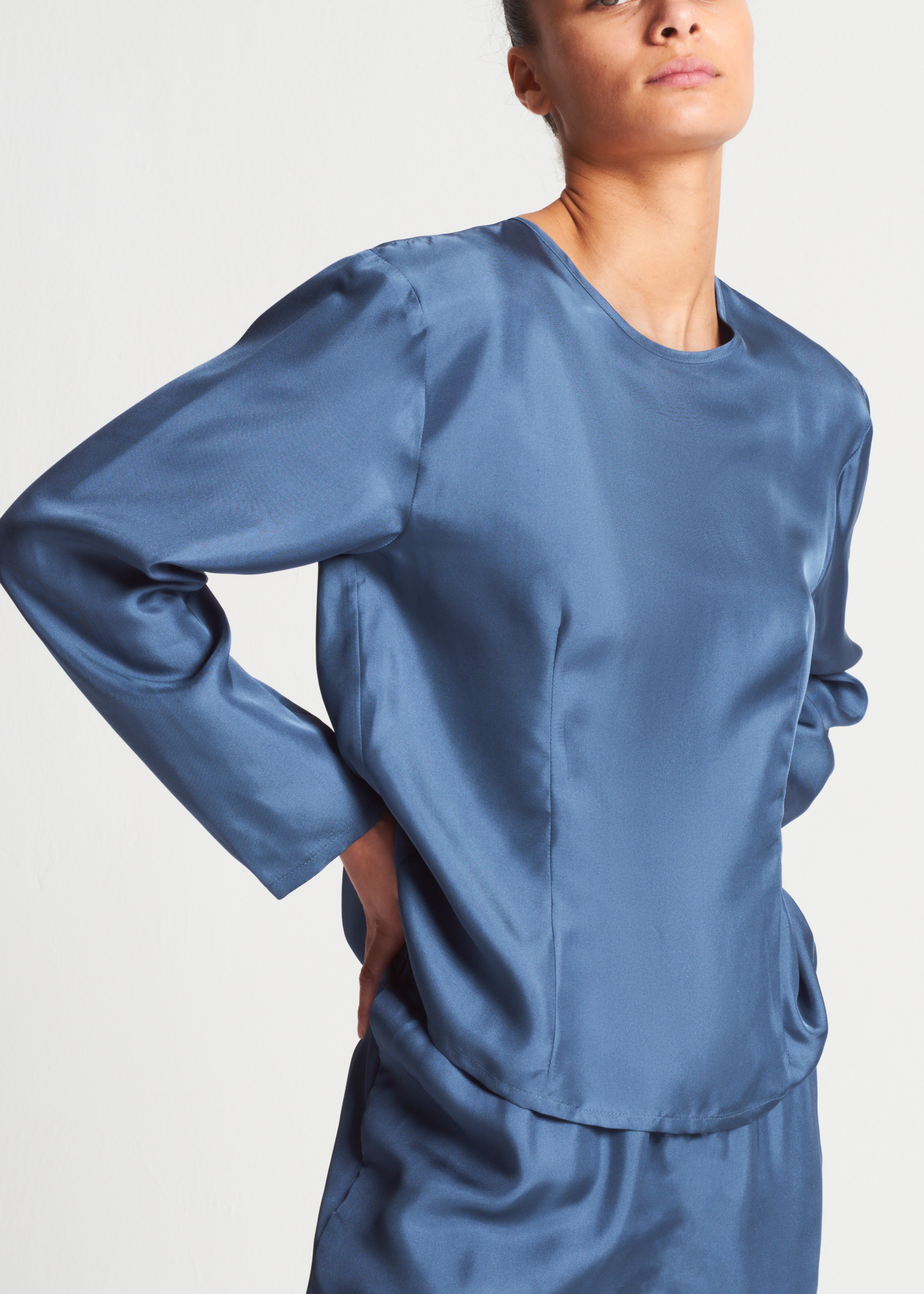 Mia Top Steel Blue Silk Twill