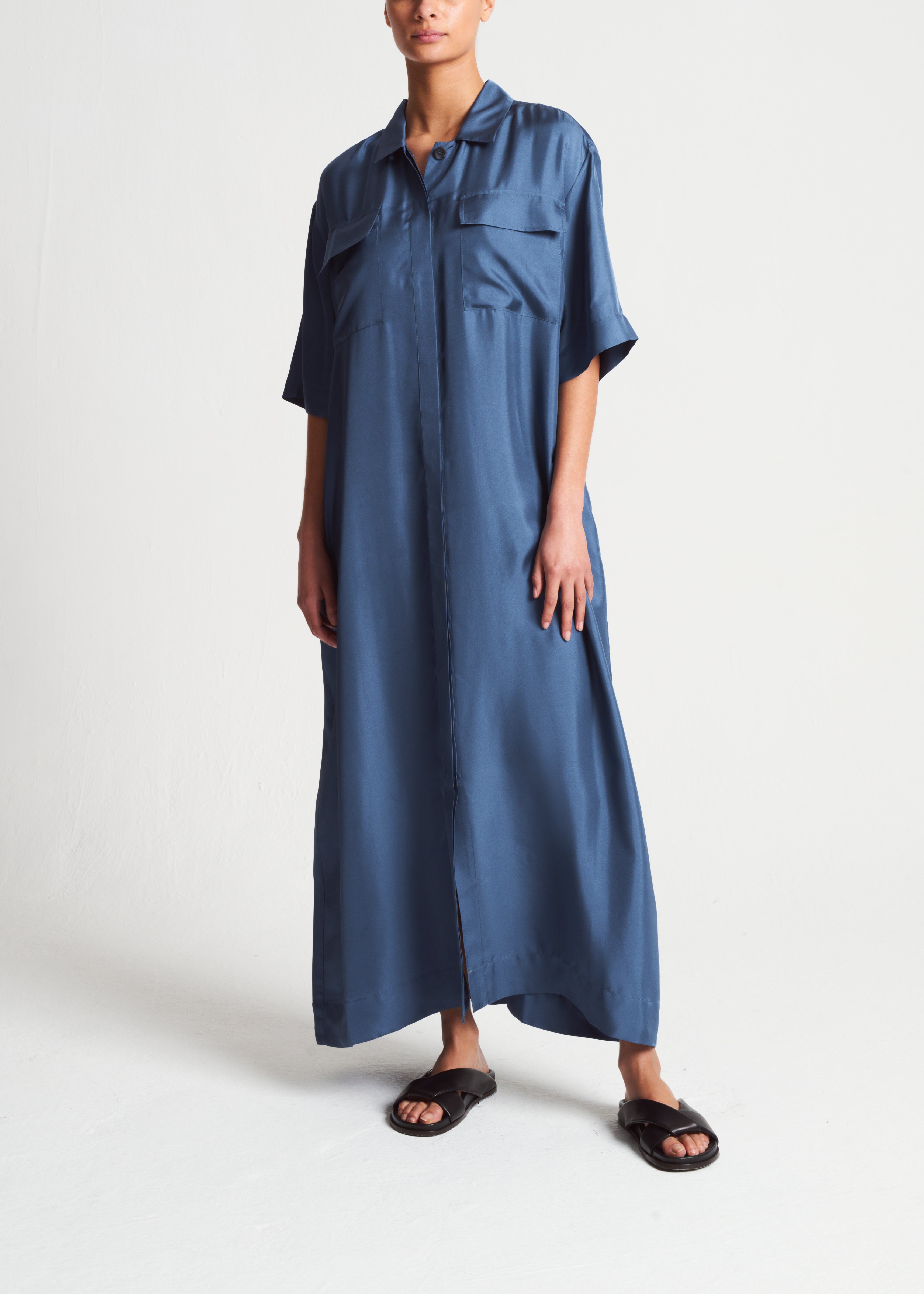 Amina Dress Steel Blue Silk Twill