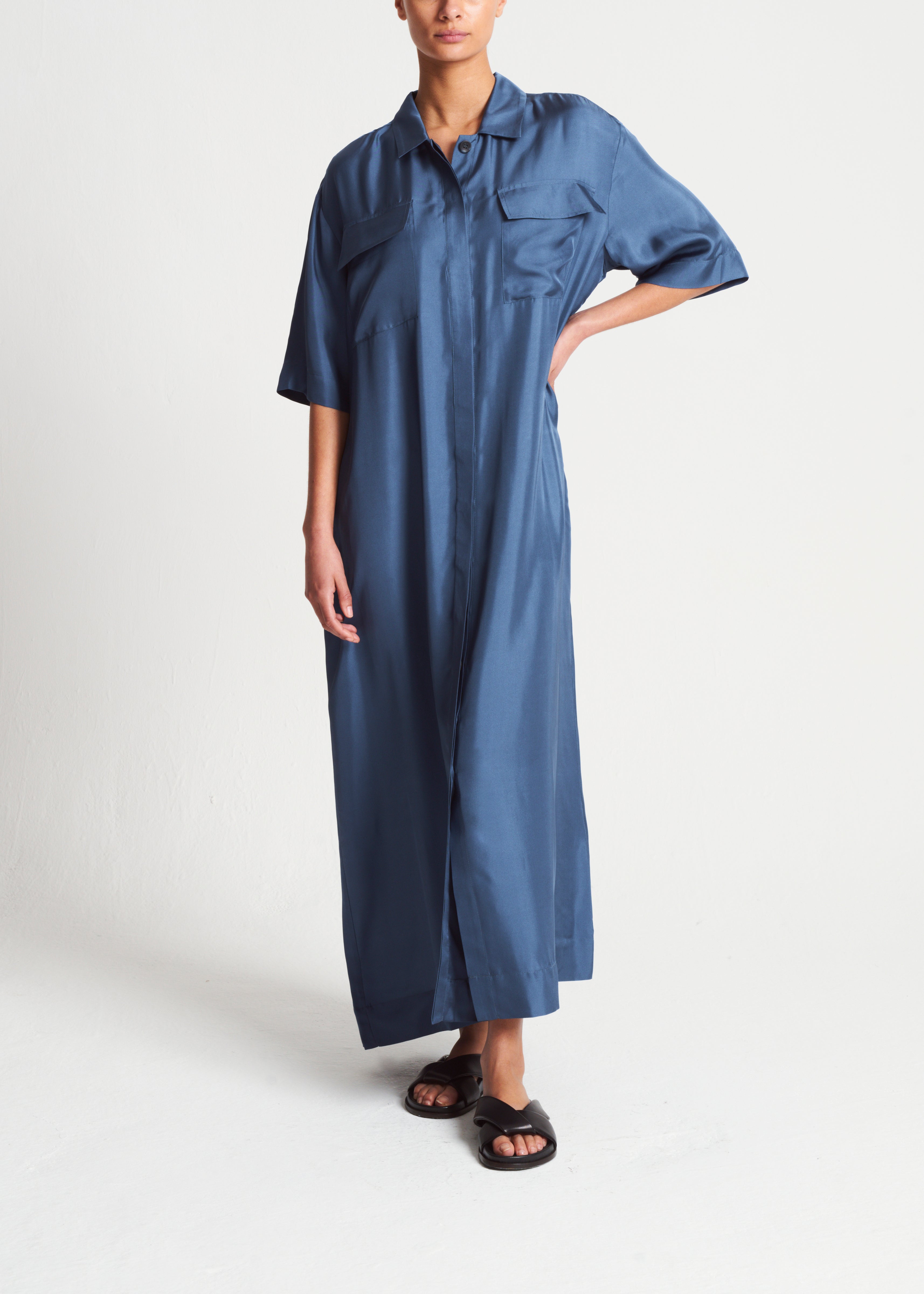 Amina Dress Steel Blue Silk Twill