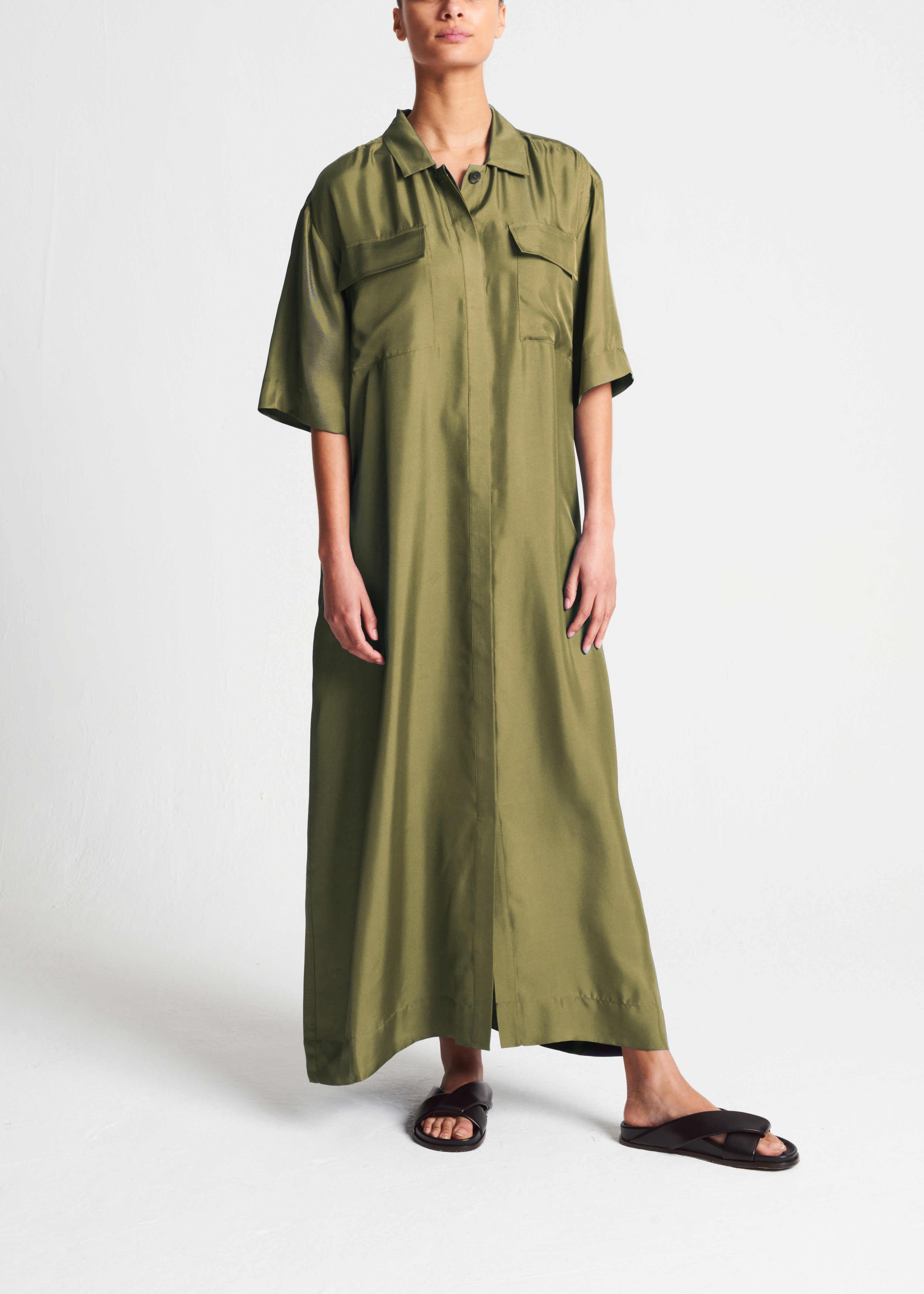 Amina Dress Khaki Silk Twill