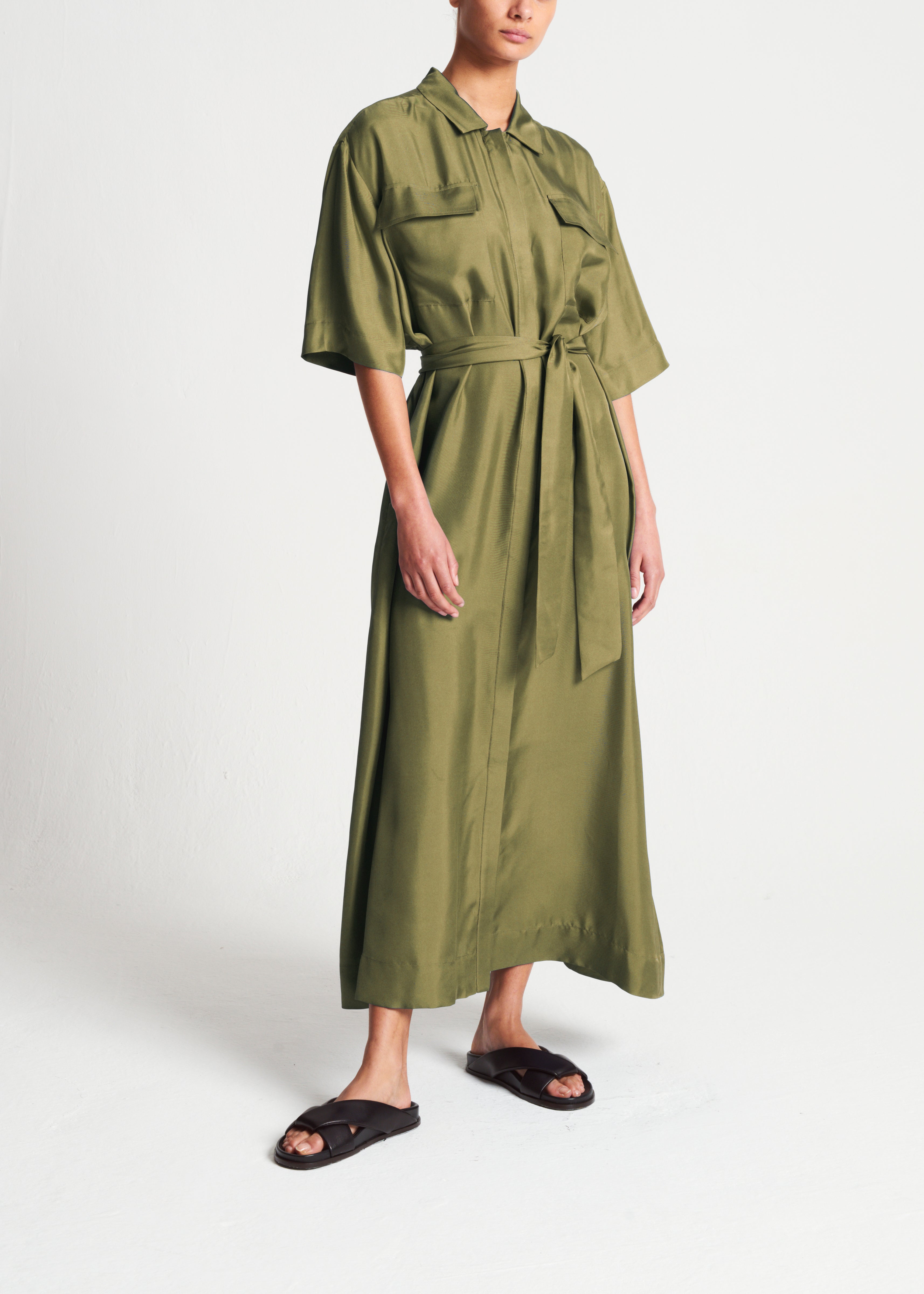 Amina Dress Khaki Silk Twill