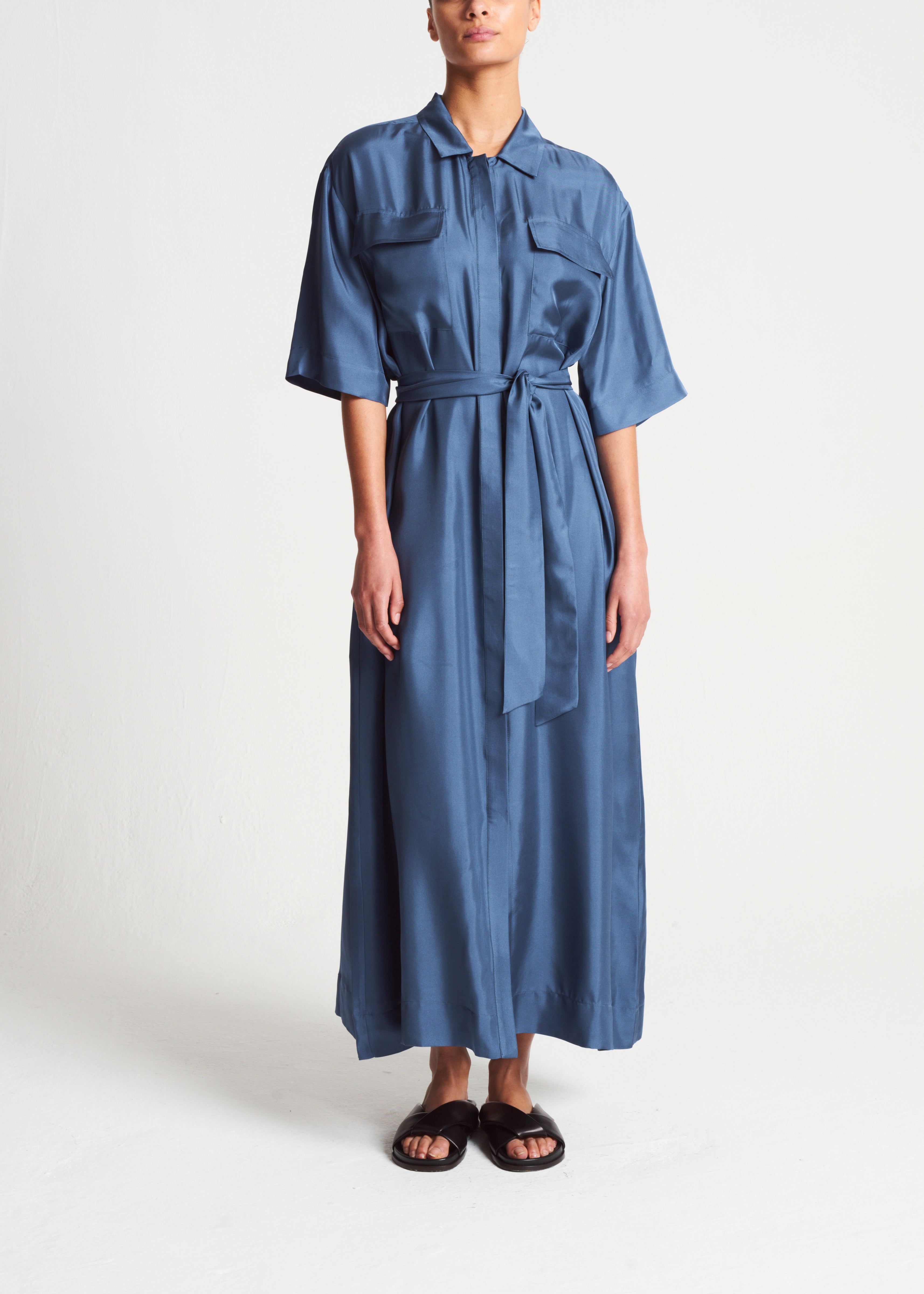 Amina Dress Steel Blue Silk Twill