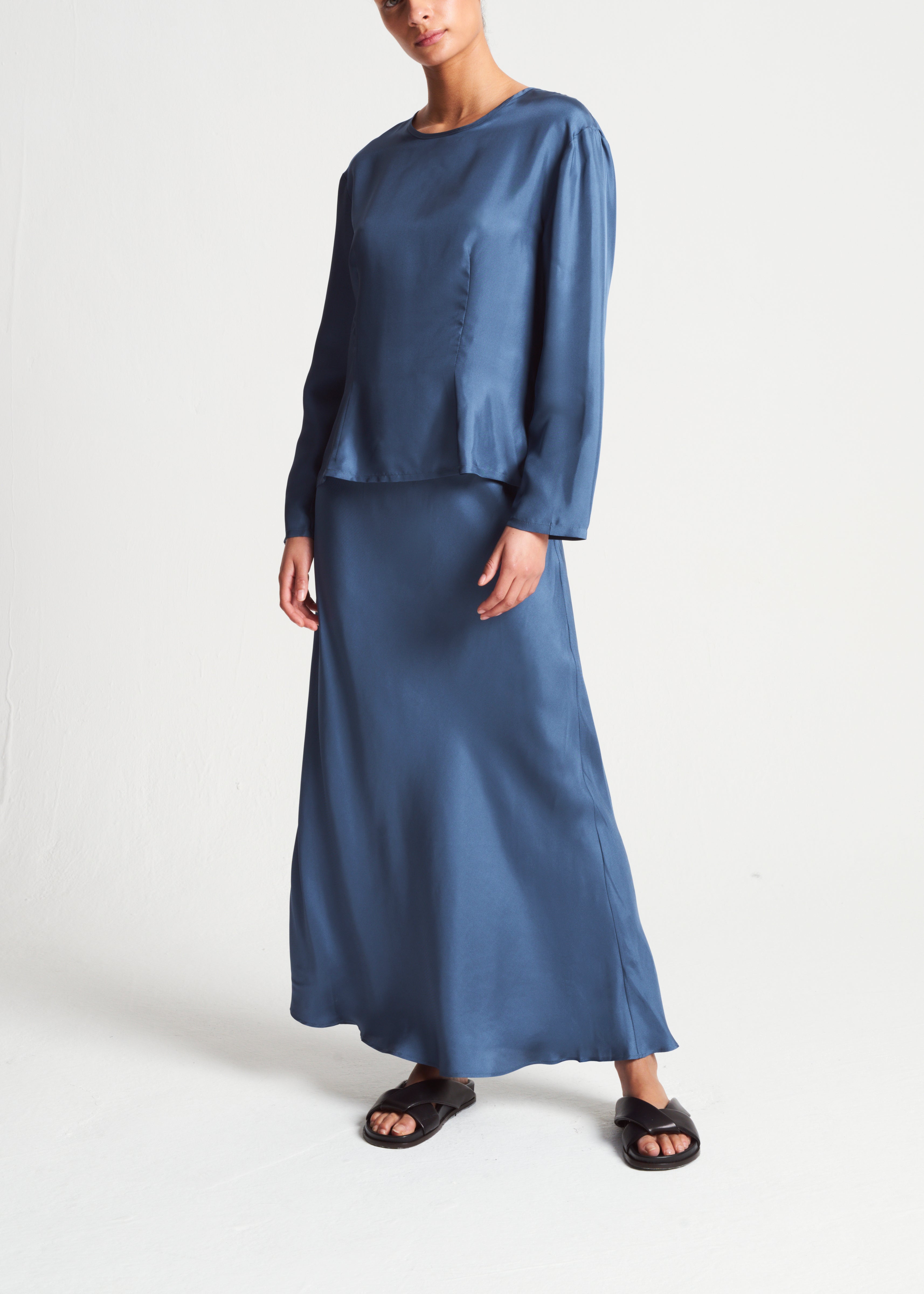 Mia Top Steel Blue Silk Twill