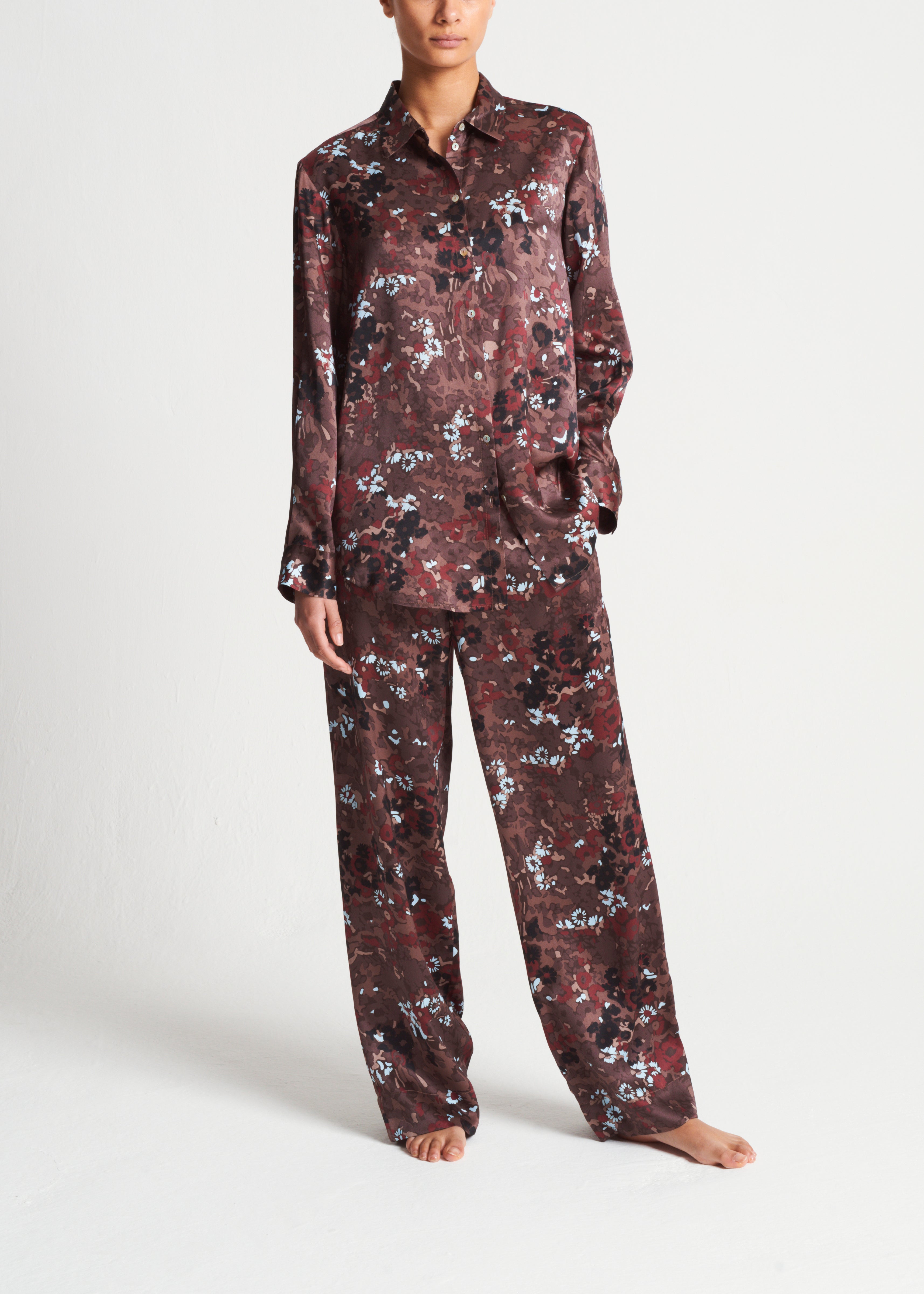 London Pyjama Bottom Winter Flower Cocoa Silk Charmeuse