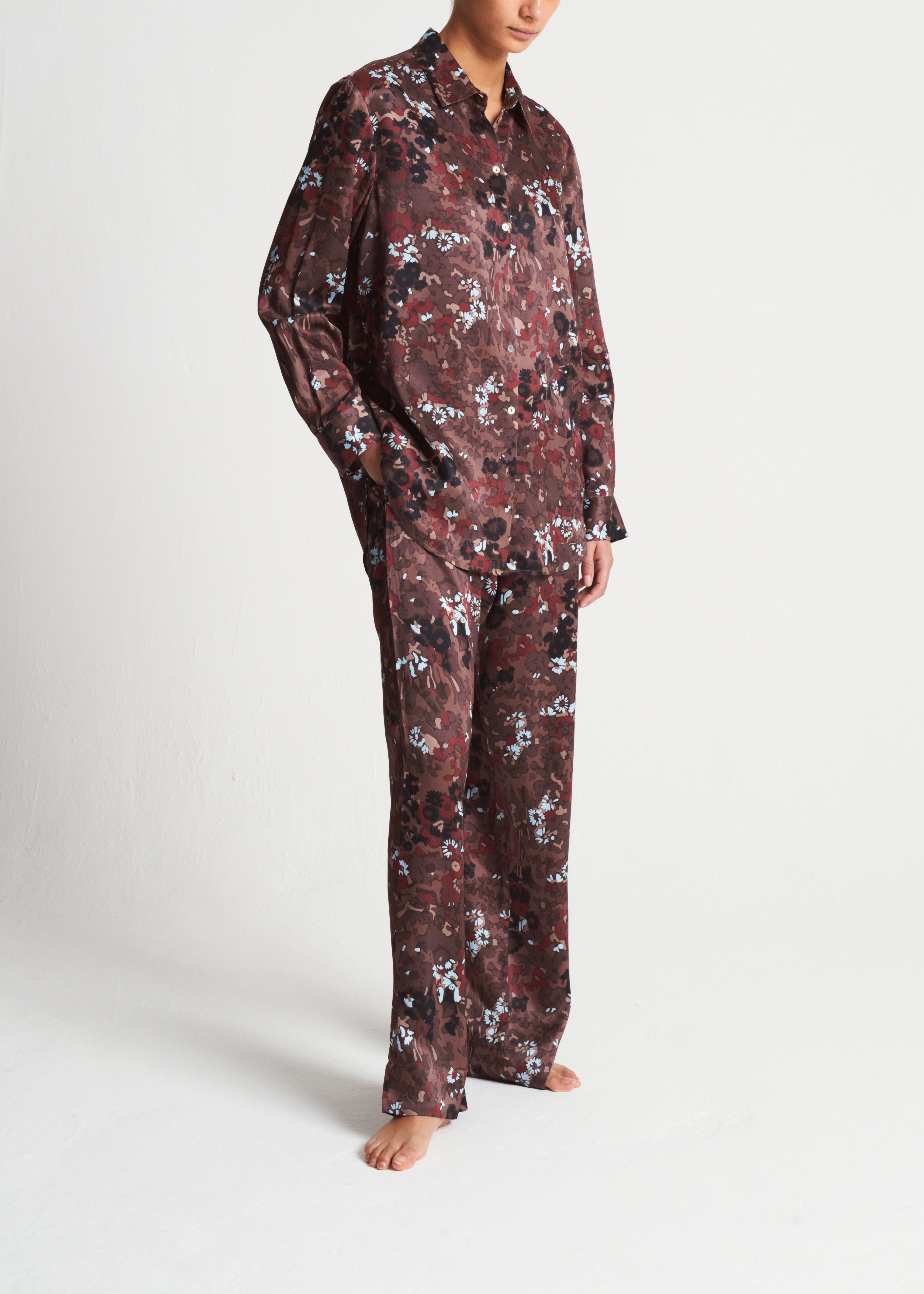 London Pyjama Bottom Winter Flower Cocoa Silk Charmeuse