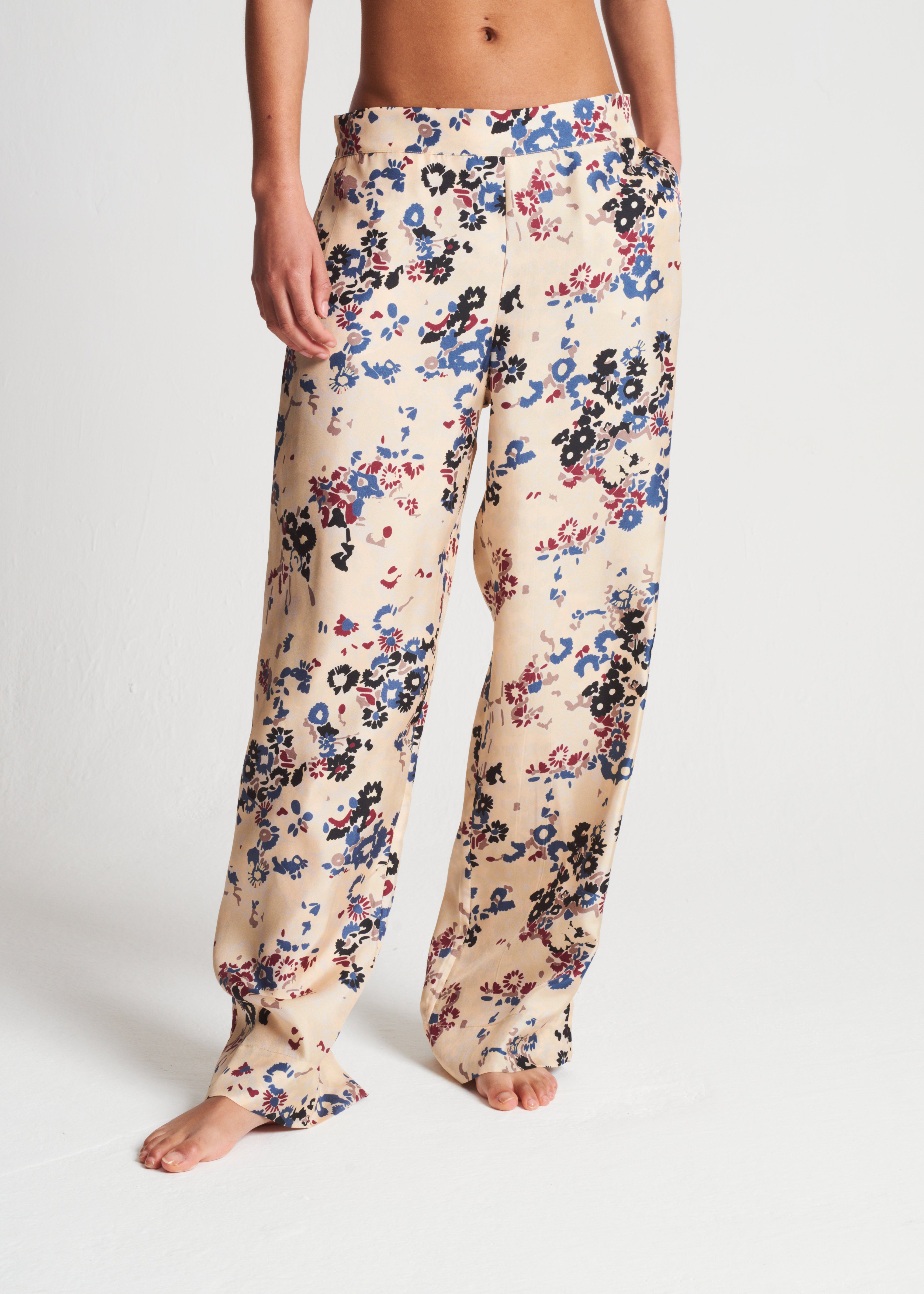 London Pyjama Bottom Winter Flower Cream Silk Twill