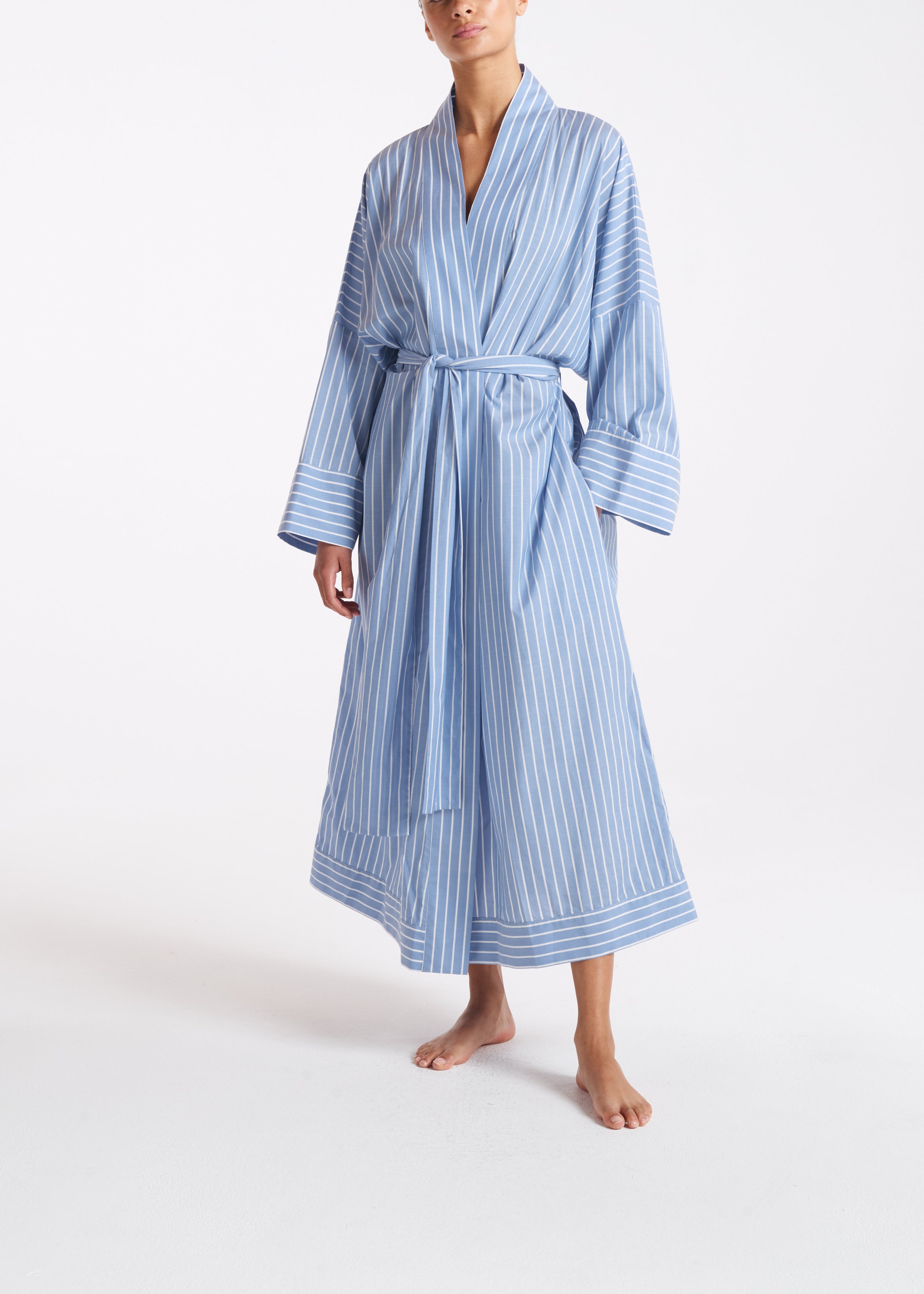 Athens Robe Blue White Stripe Cotton Silk