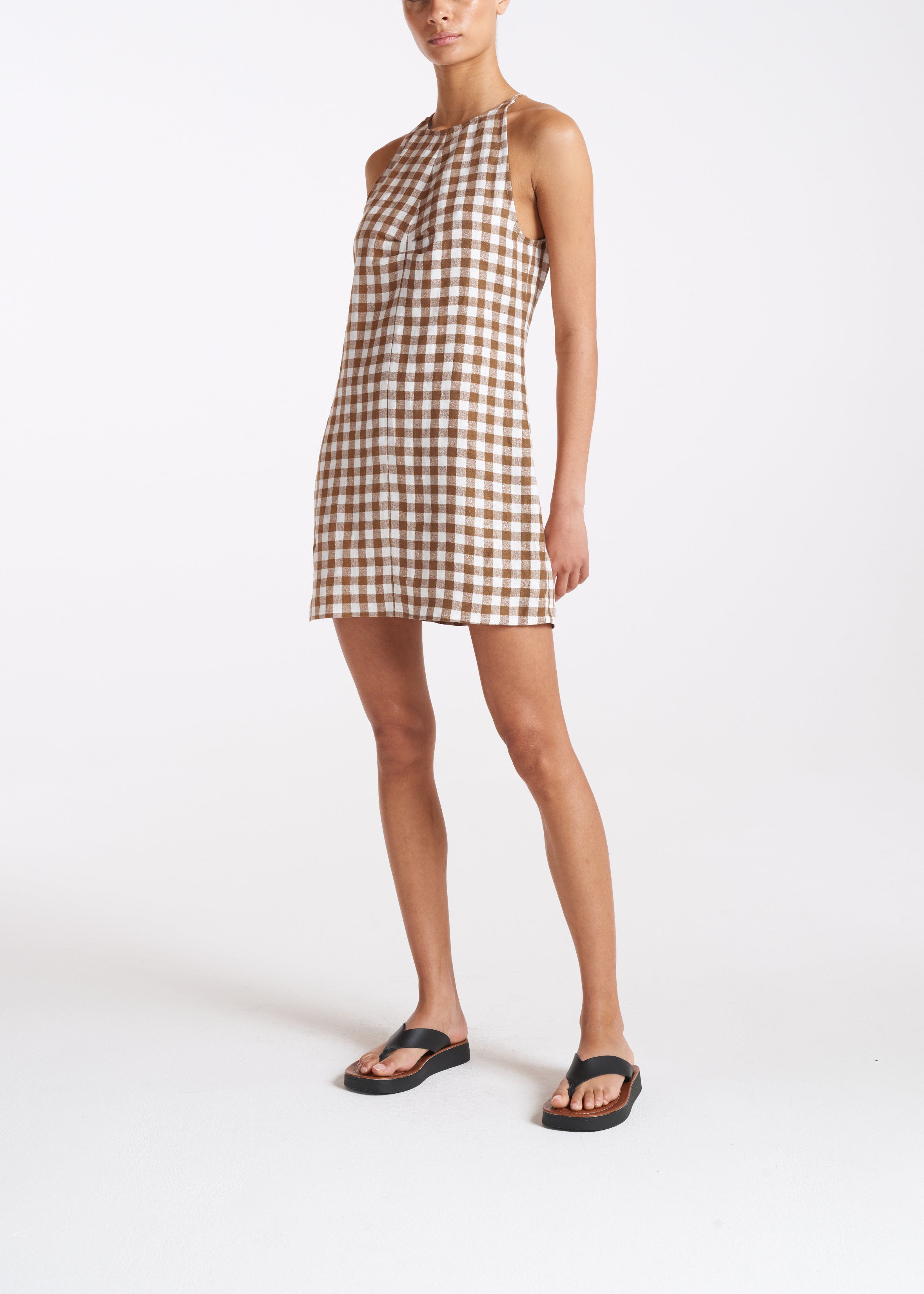 Antigua Dress Brown Check Linen