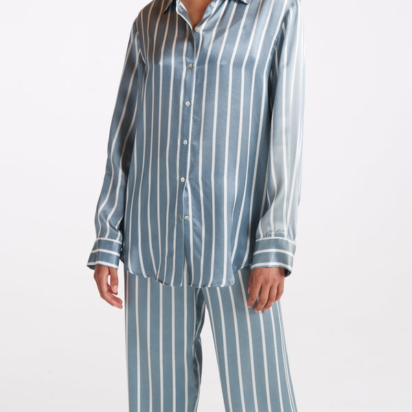 Blue Striped Scalloped Pyjama Set Cotton Poplin – Siân Esther