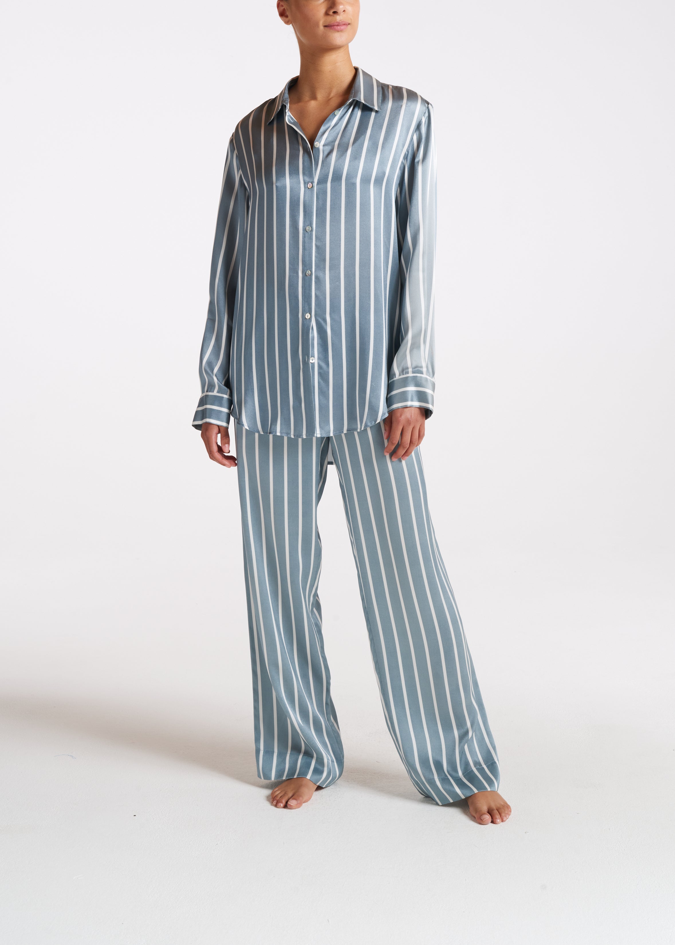 Green and white striped silk online pajamas