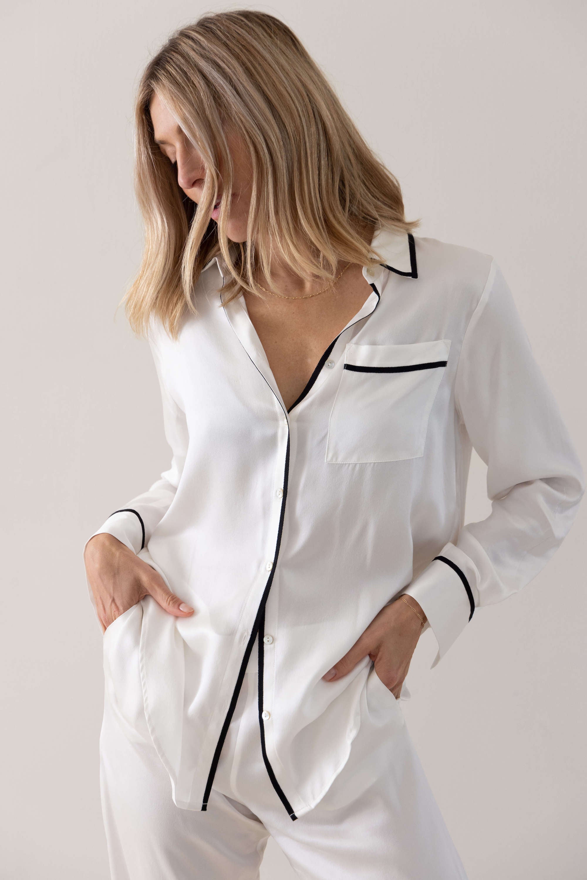 London Pyjama Top White Ribbon Piped Silk