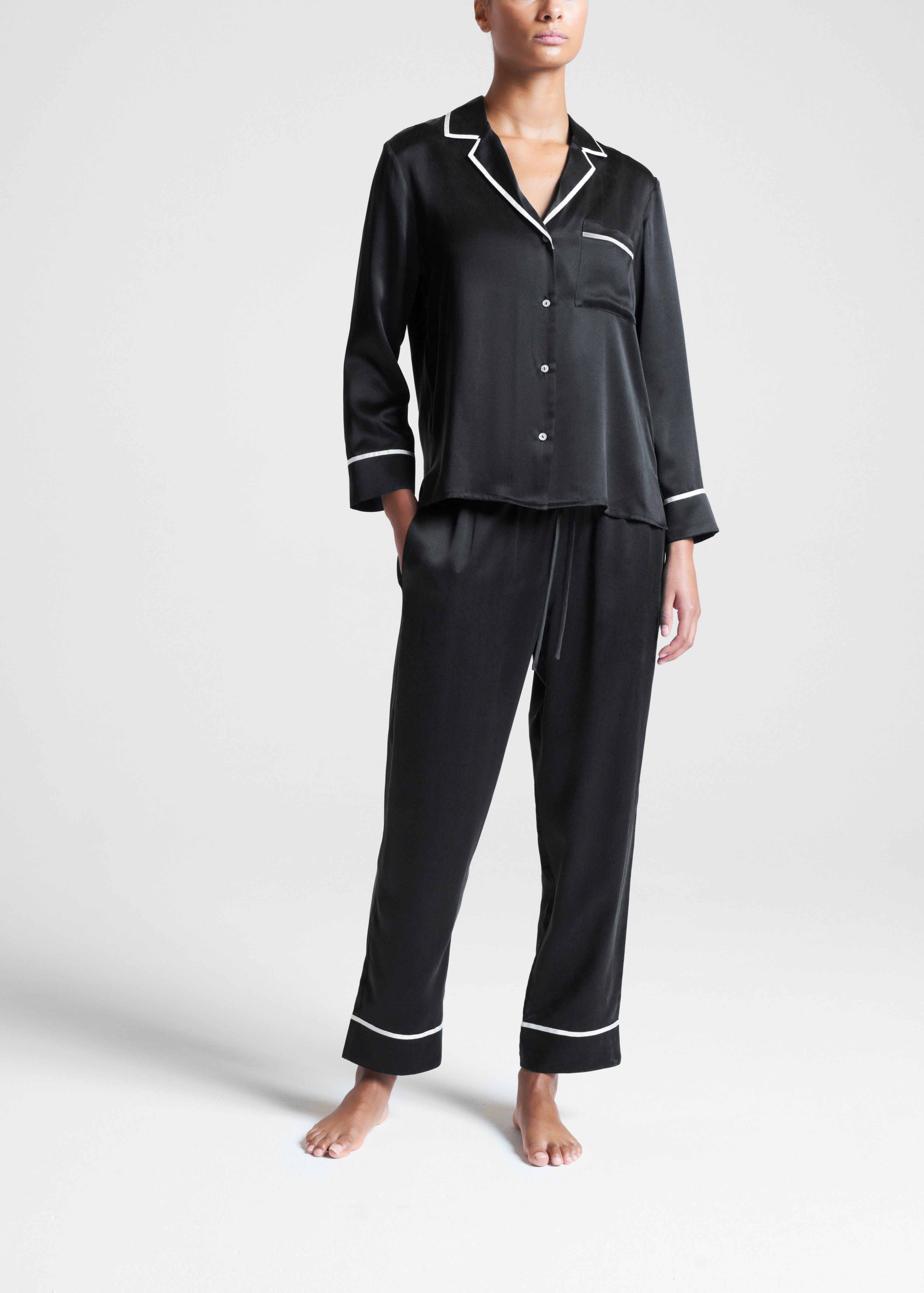 Sydney Cropped Pyjama Top Black Ecru Edged Silk