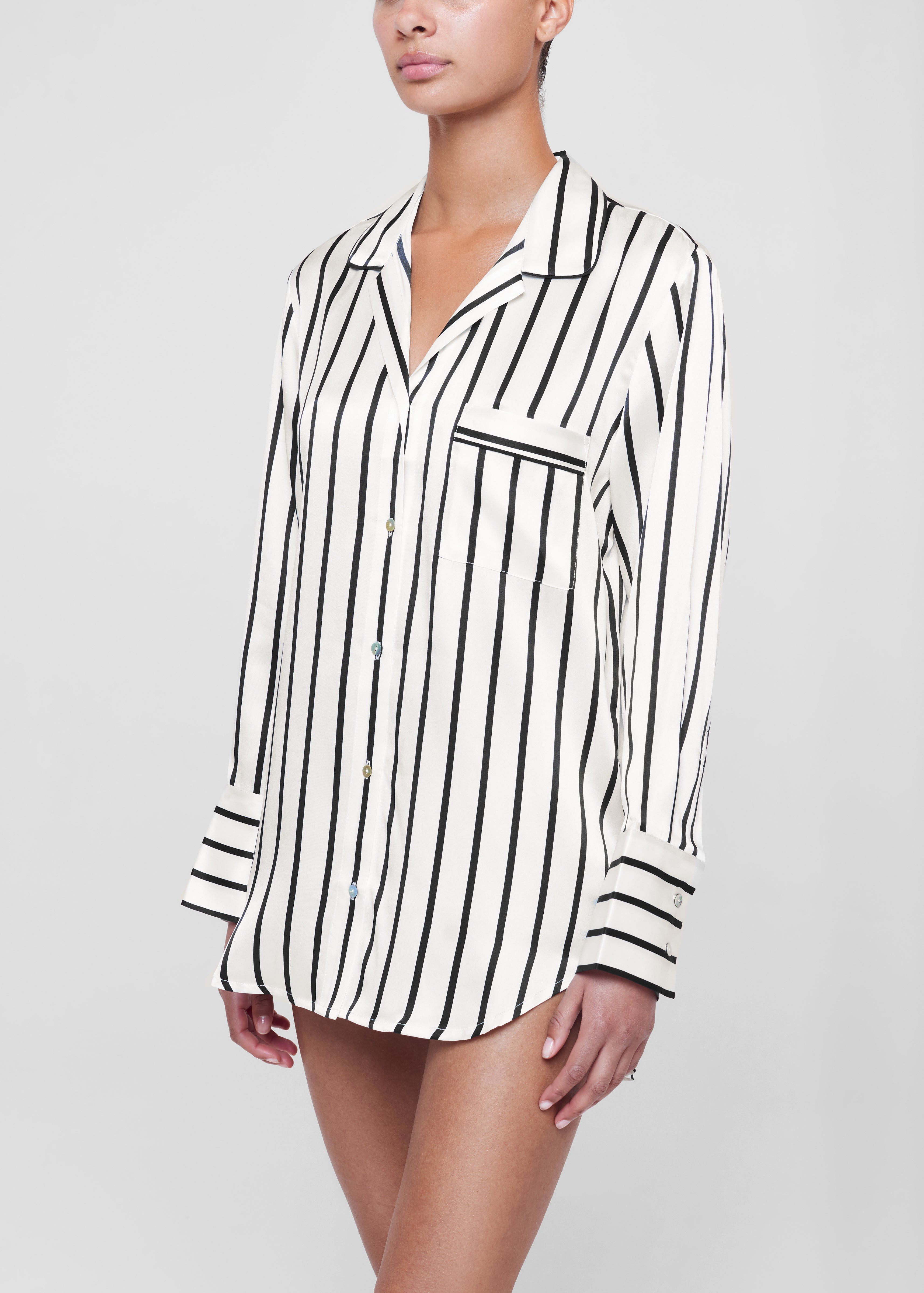 Paris Jet Black Stripe Silk Oversized Pyjama Shirt