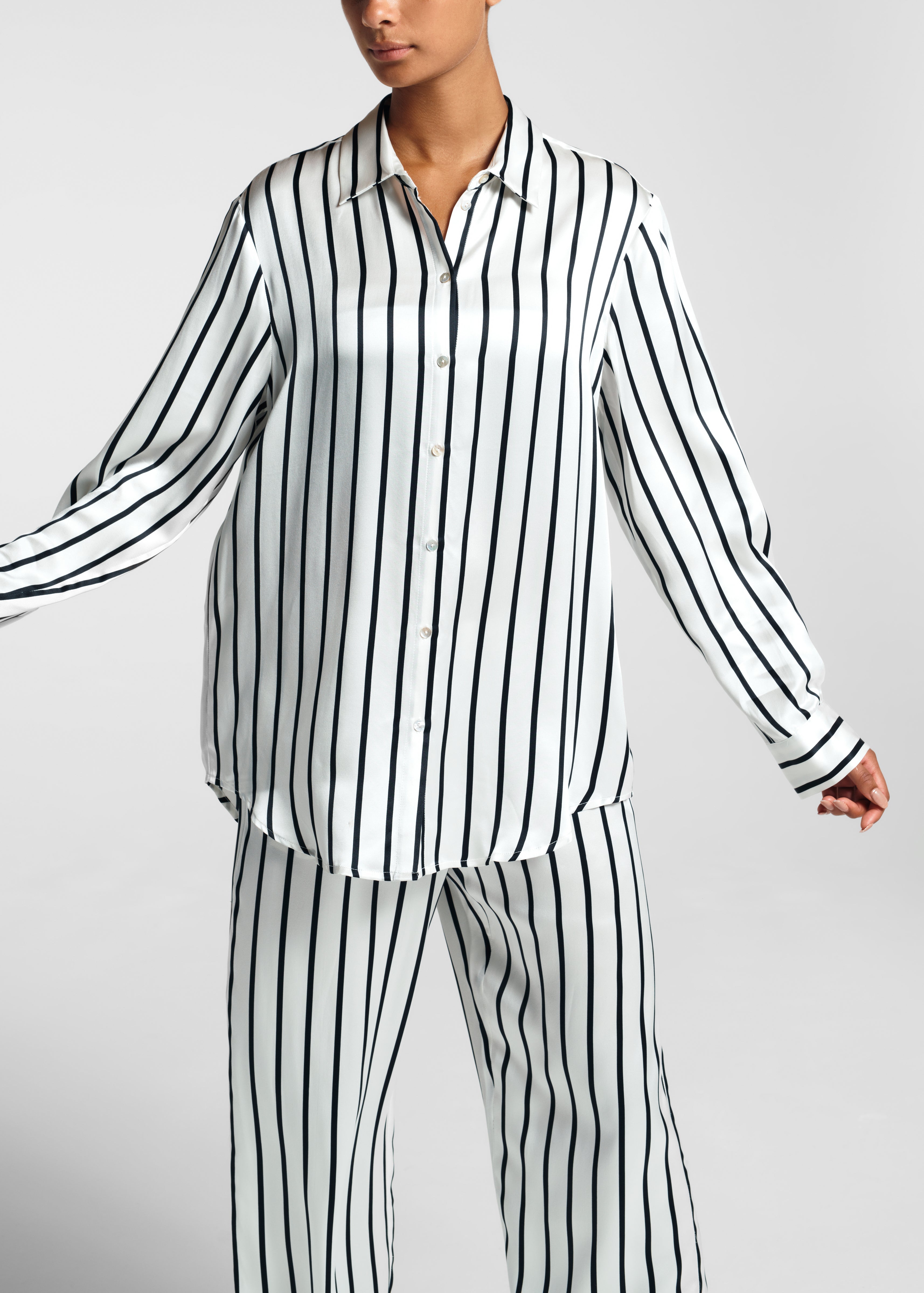 London White and Black Stripe Luxury Silk Pyjama Shirt_40,28|50,80